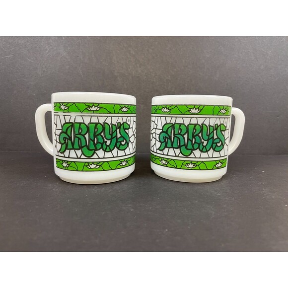 2 Arby's Green Stained Glass Mugs White Milk Glass Retro Federal Heat Proof - Picture 1 of 9